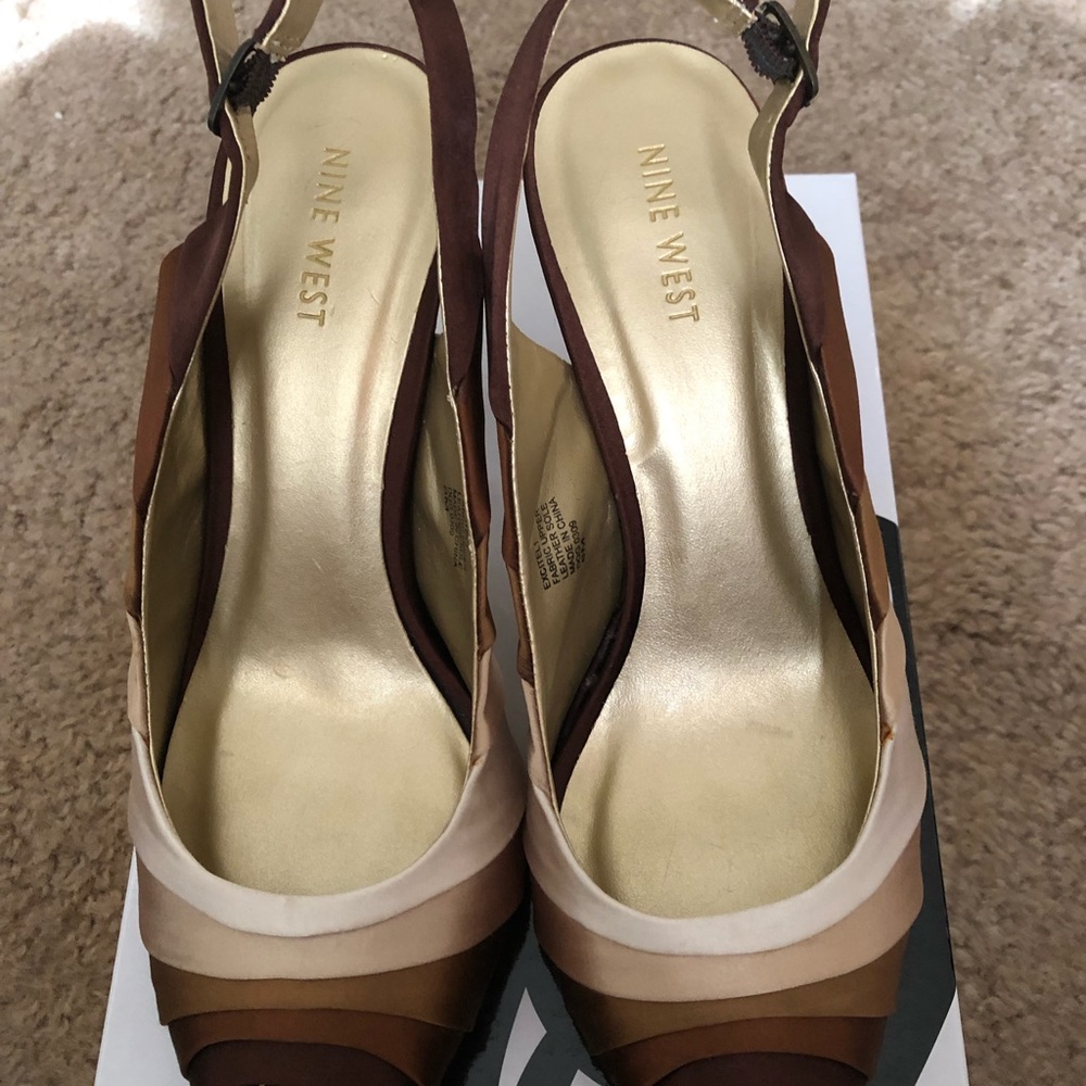 Nine West Excitel 1 Slingback Peeptoe Fabric Pumps Dark Brown Combo